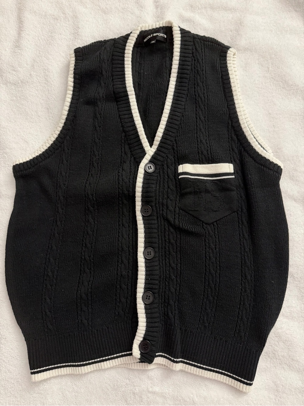 Women’s Black Cable Knit Button Vest with Contrast Trim